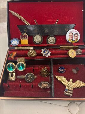 Vintage Men’s Jewelry Lot Estate Box Pins Cufflinks Tie Bars NASA Eagle Military